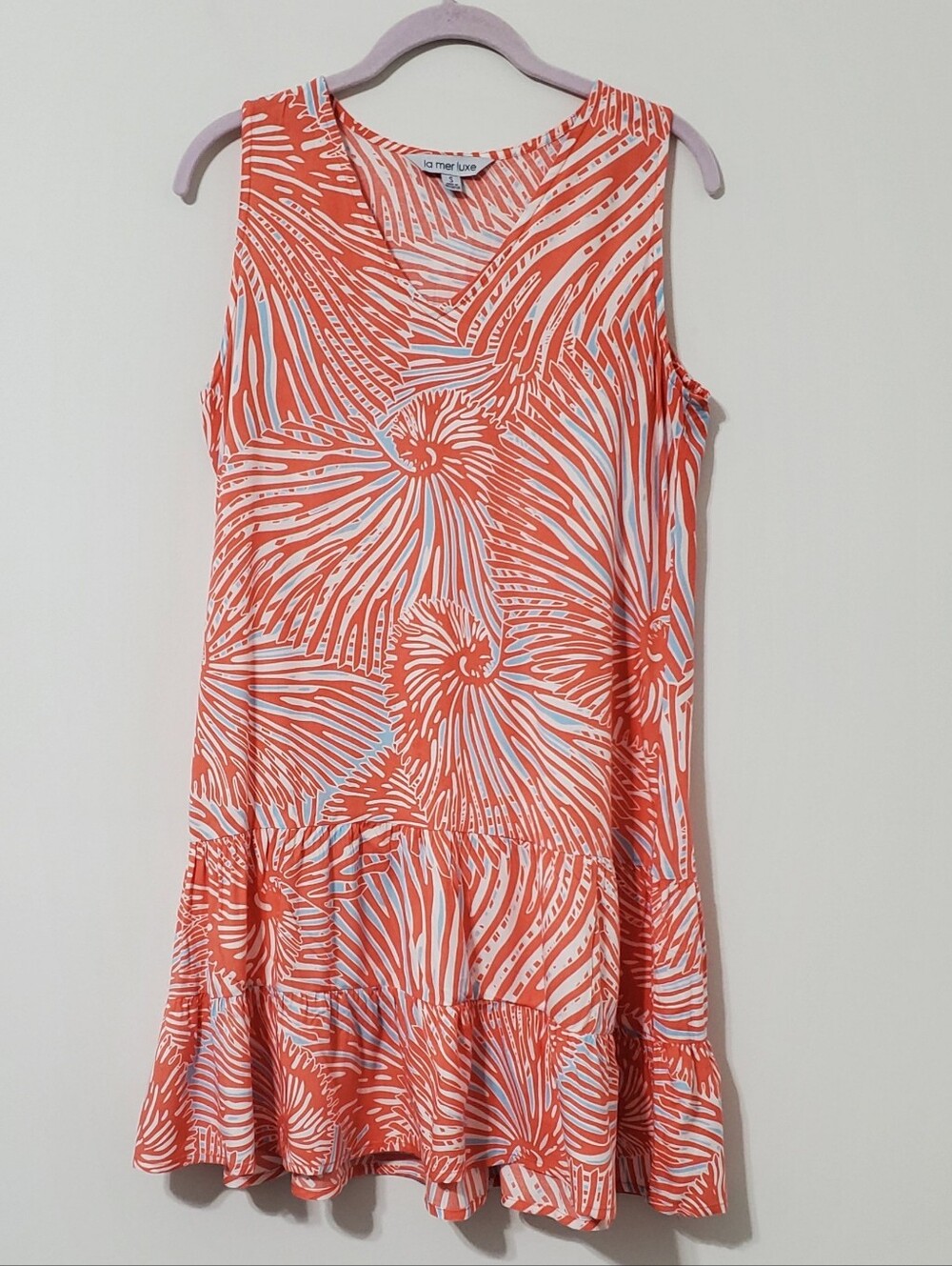 La Mer Luxe Sleeveless Tiered Mini Dress Coral Blue Swirl Print Size Small